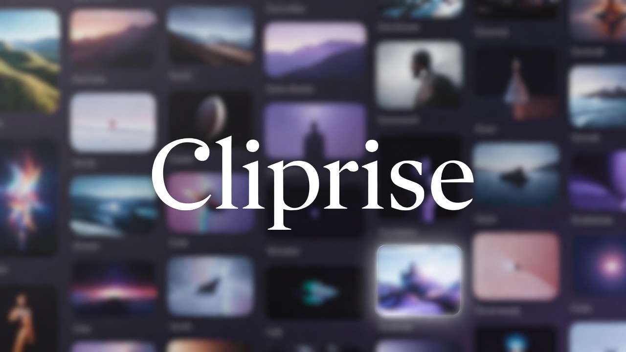 Cliprise text centered on blurred mosaic of AI art thumbnails, dark purples and blues