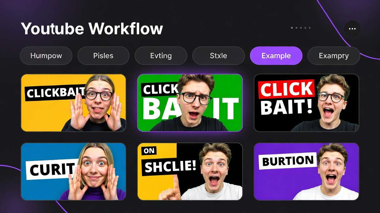 Youtube Workflow UI: 6 clickbait thumbnails, purple tabs