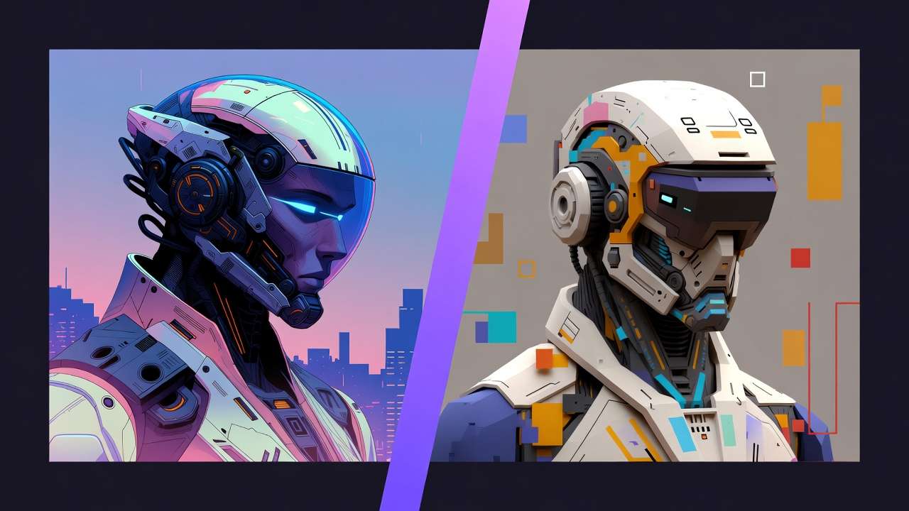 Split: sleek humanoid cyborg (blue visor, cyberpunk city) vs angular mechanical robot (abstract digital bg)