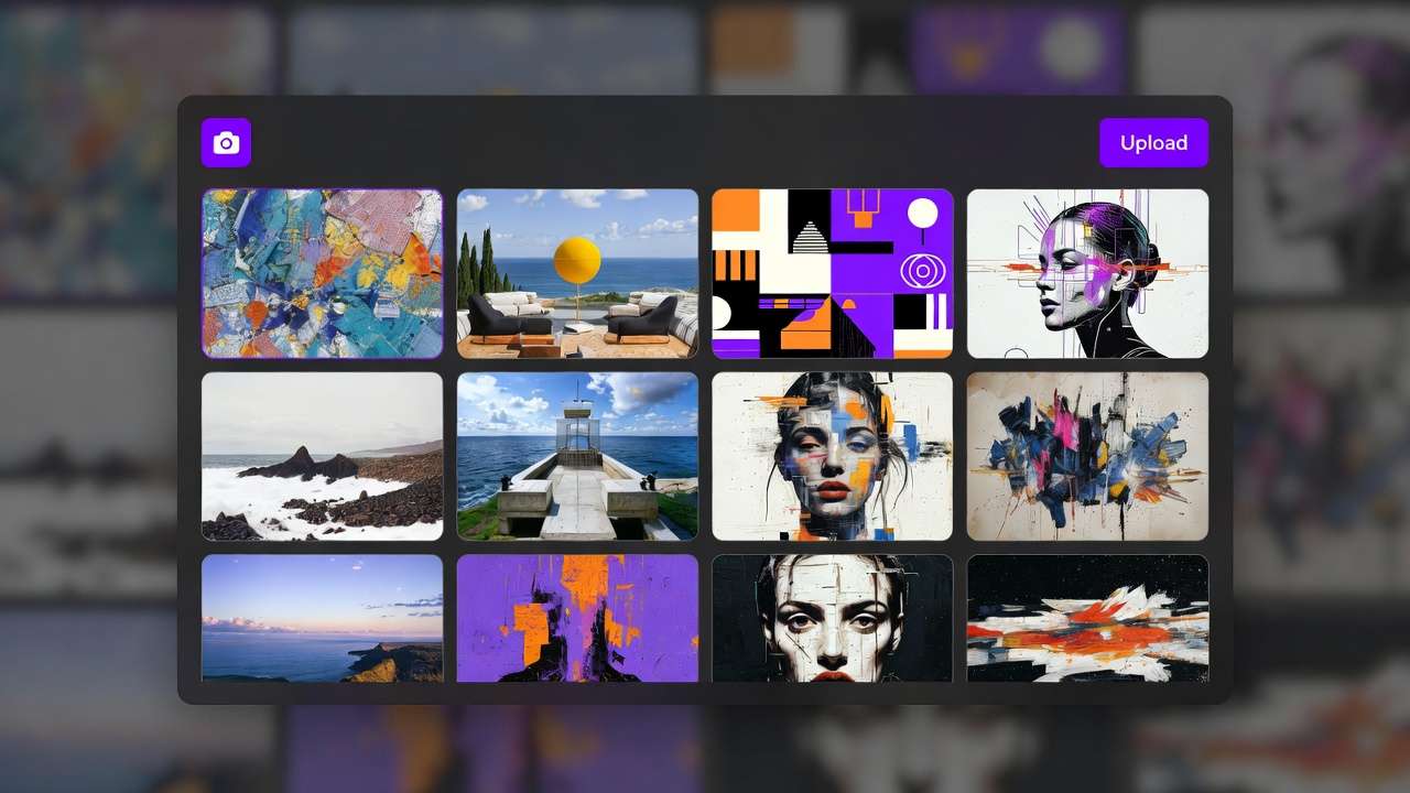 Upload panel: 12 thumbnail grid, camera icon