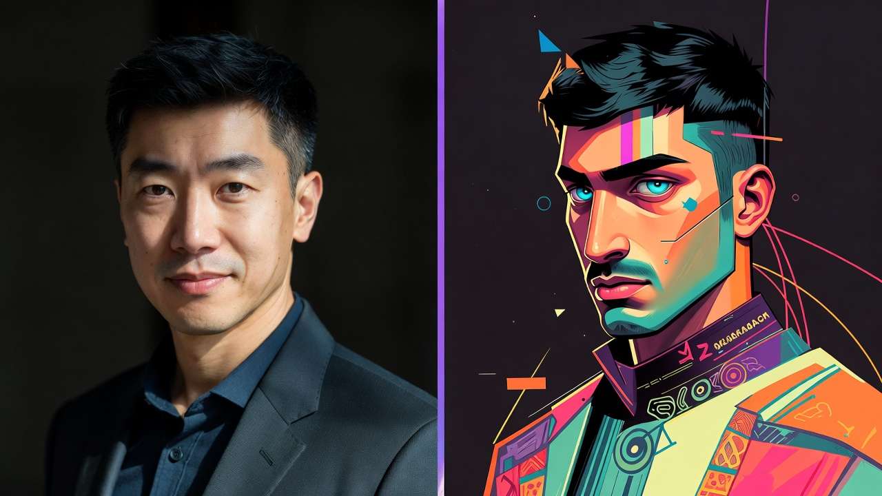 Split: photorealistic East Asian man in suit vs stylized AI portrait with blue eyes, futuristic attire