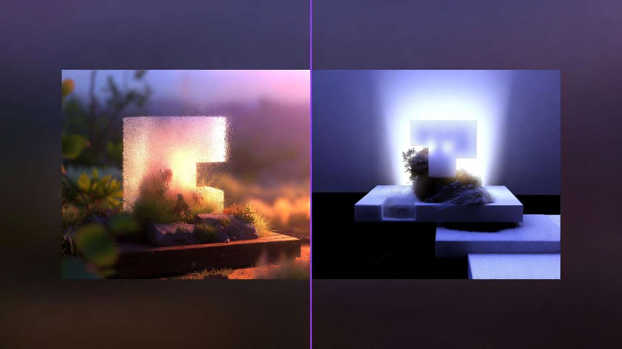 Split: glowing 'E' in organic garden (warm) vs minimalist digital setting (cool blue)