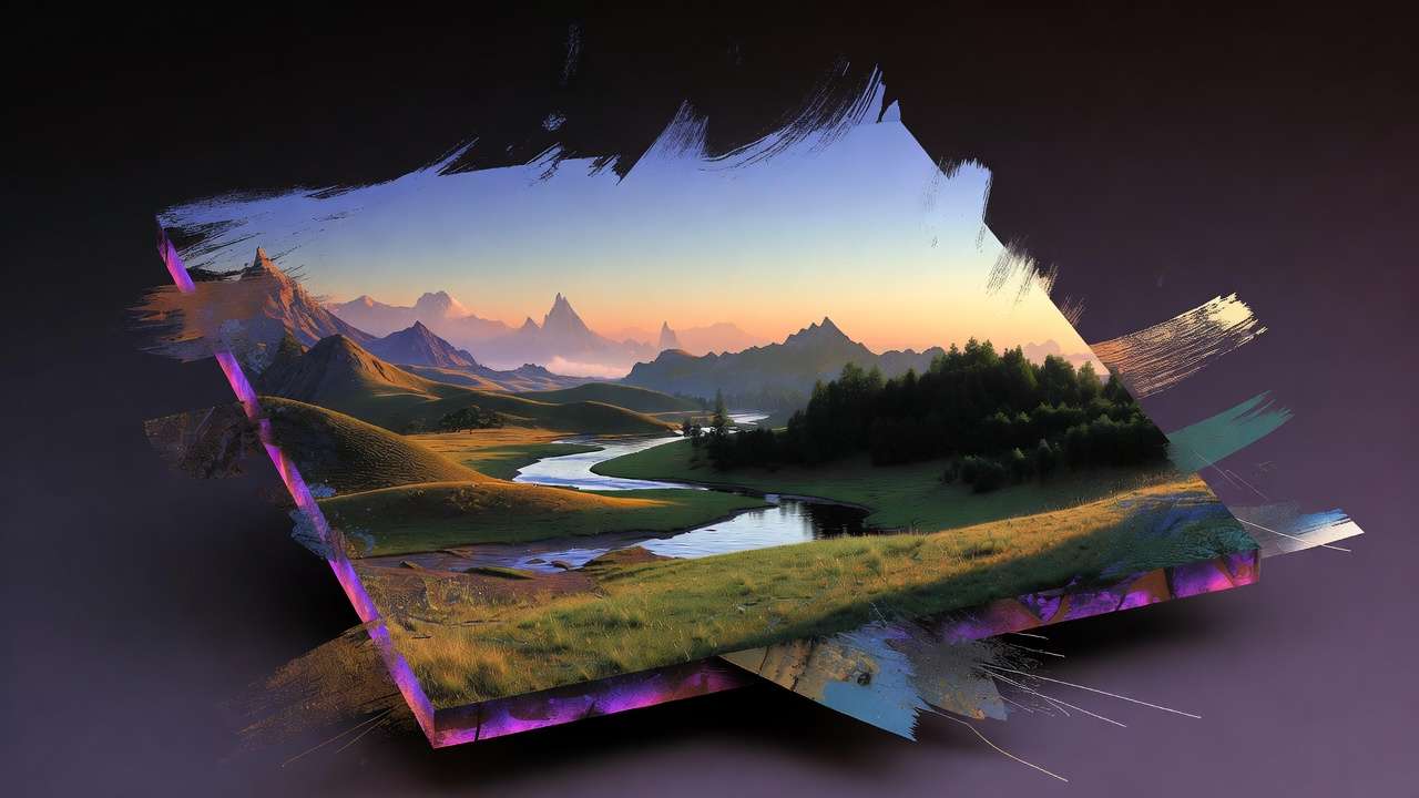 Rolling green hills, winding river, distant mountains under warm gradient sky