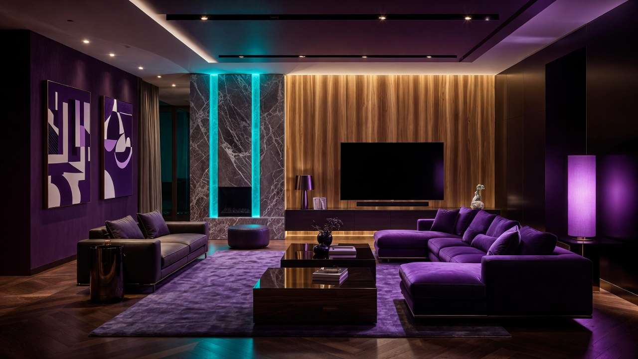 Luxury living room with deep purple velvet sofa, L-shaped sectional, cyan LED fireplace strips