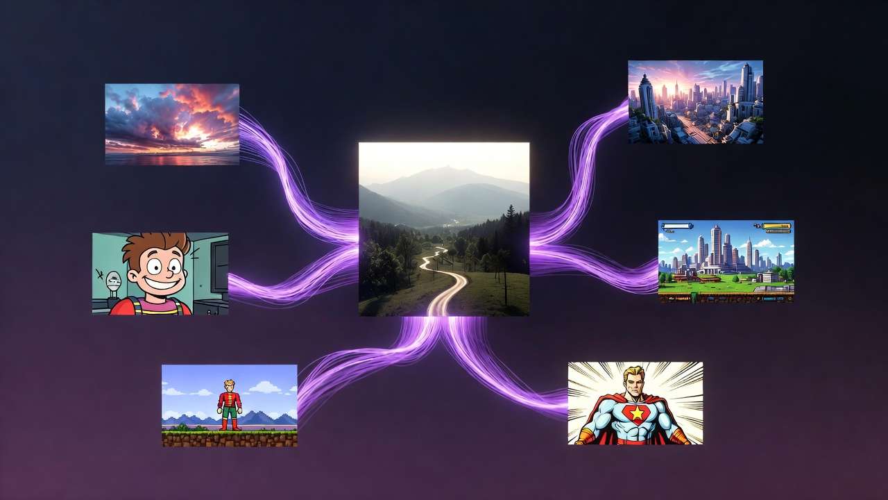Mountain road hub with AI creative outputs via purple energy lines