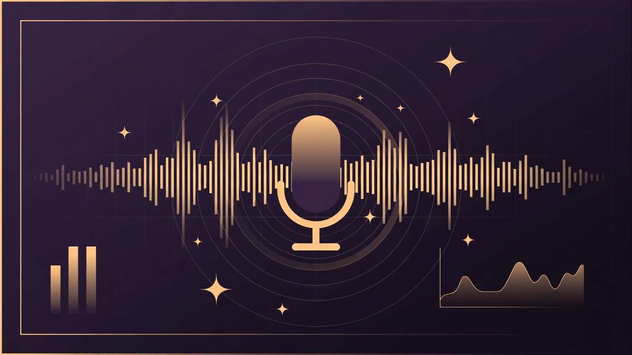 Golden microphone with sound waves, bar chart, waveform on dark grid