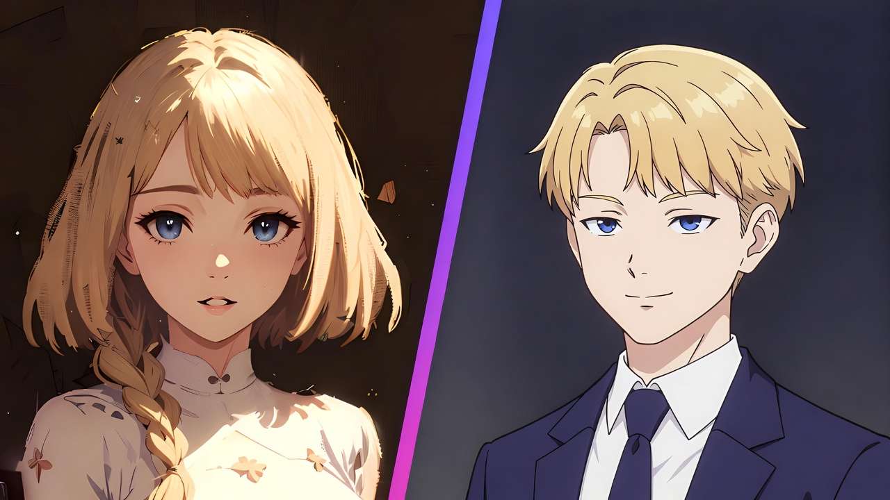 Anime split: blonde woman in floral top vs blonde man in blue suit, diagonal purple divider