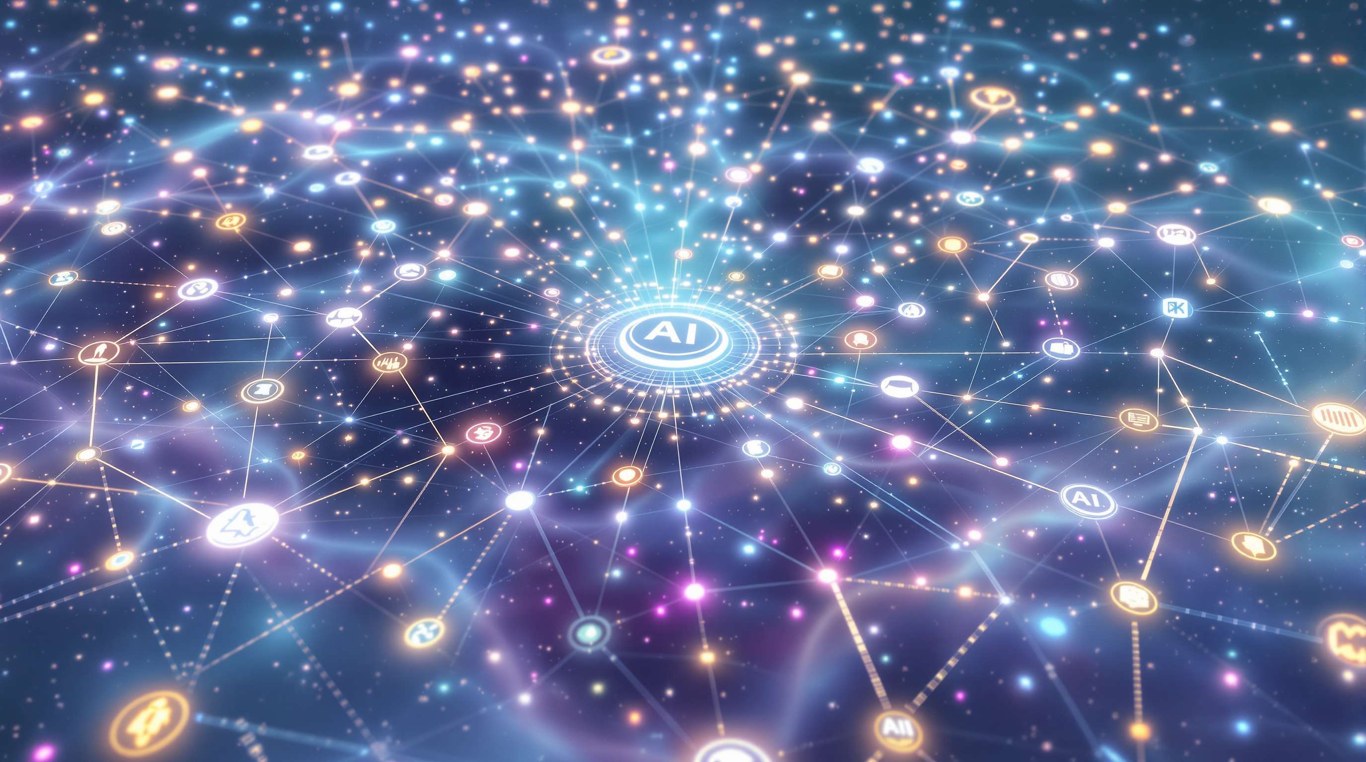 Glowing AI network with central node, radiating connections, orange and blue nodes