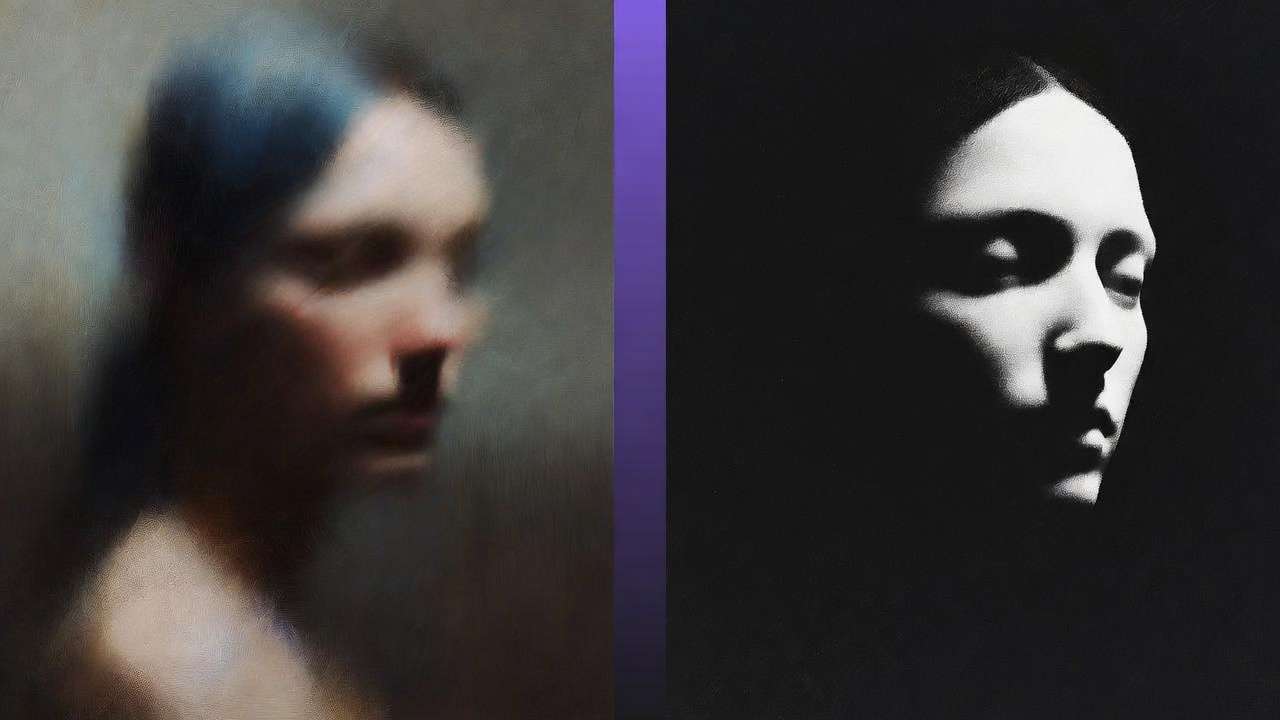 Split: blurred painterly woman profile vs sharp B&W sculptural portrait, purple divider