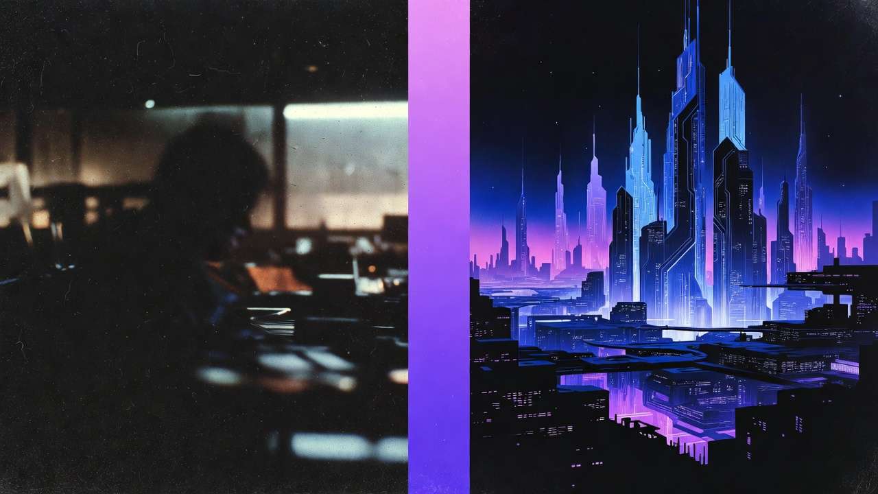 Split: grainy dark person indoors vs neon cyberpunk city