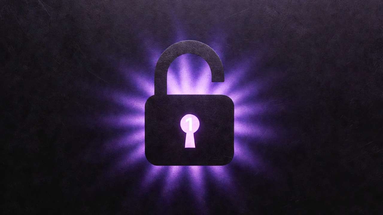 Unlocked padlock with purple glow and white '1' in keyhole