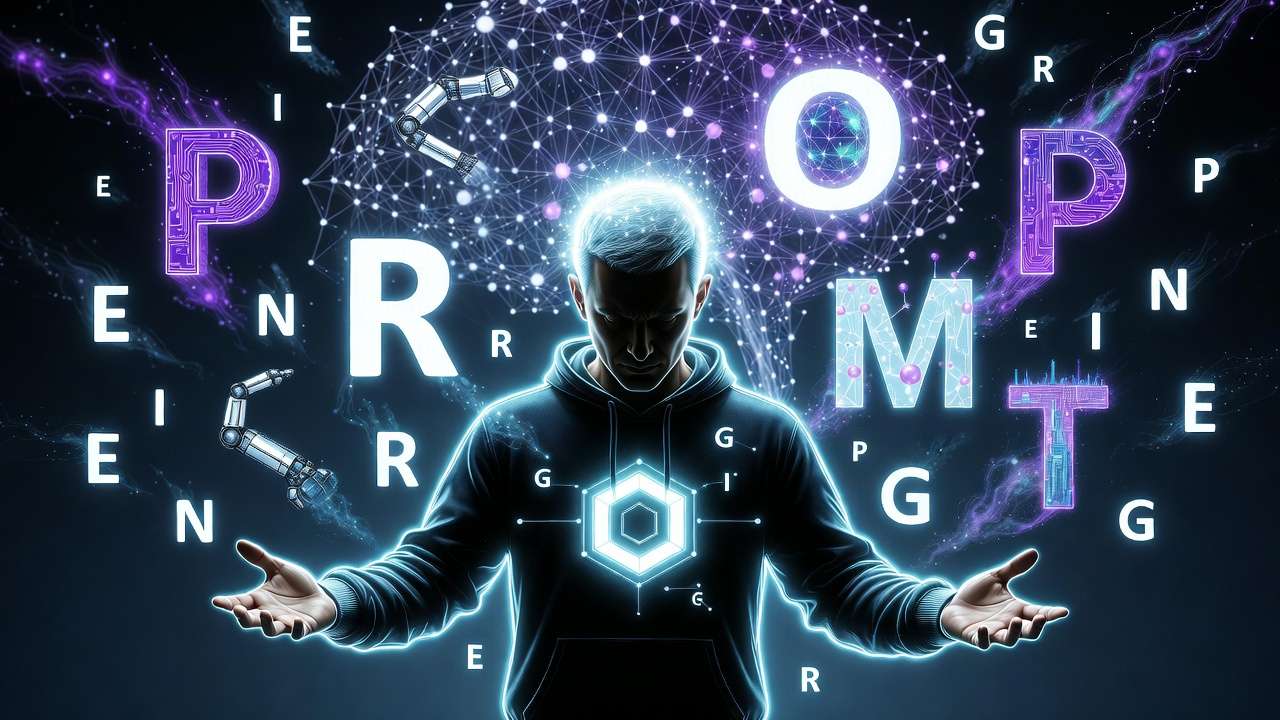 PROMPT ENGINEERING text, glowing figure, neural network, robotic arms