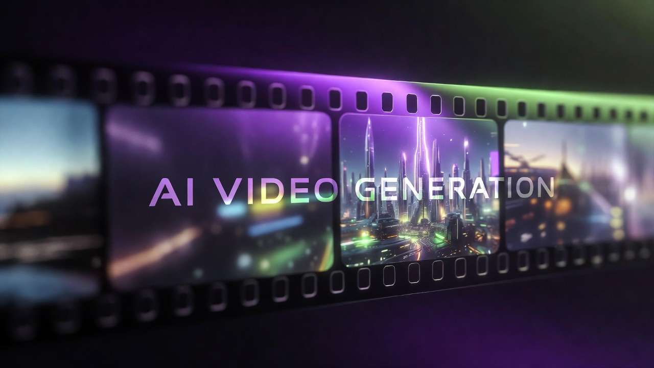AI VIDEO GENERATION on film strip, futuristic city