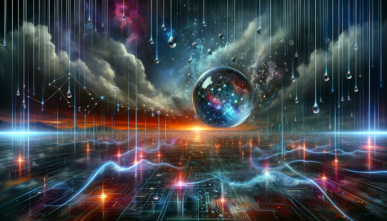 Futuristic cosmic digital art, neon lines, geometric patterns, glowing sphere