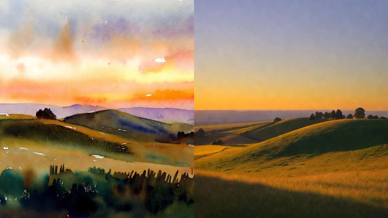 Split landscape: rolling green hills under vibrant sunset sky, warm orange and pink hues