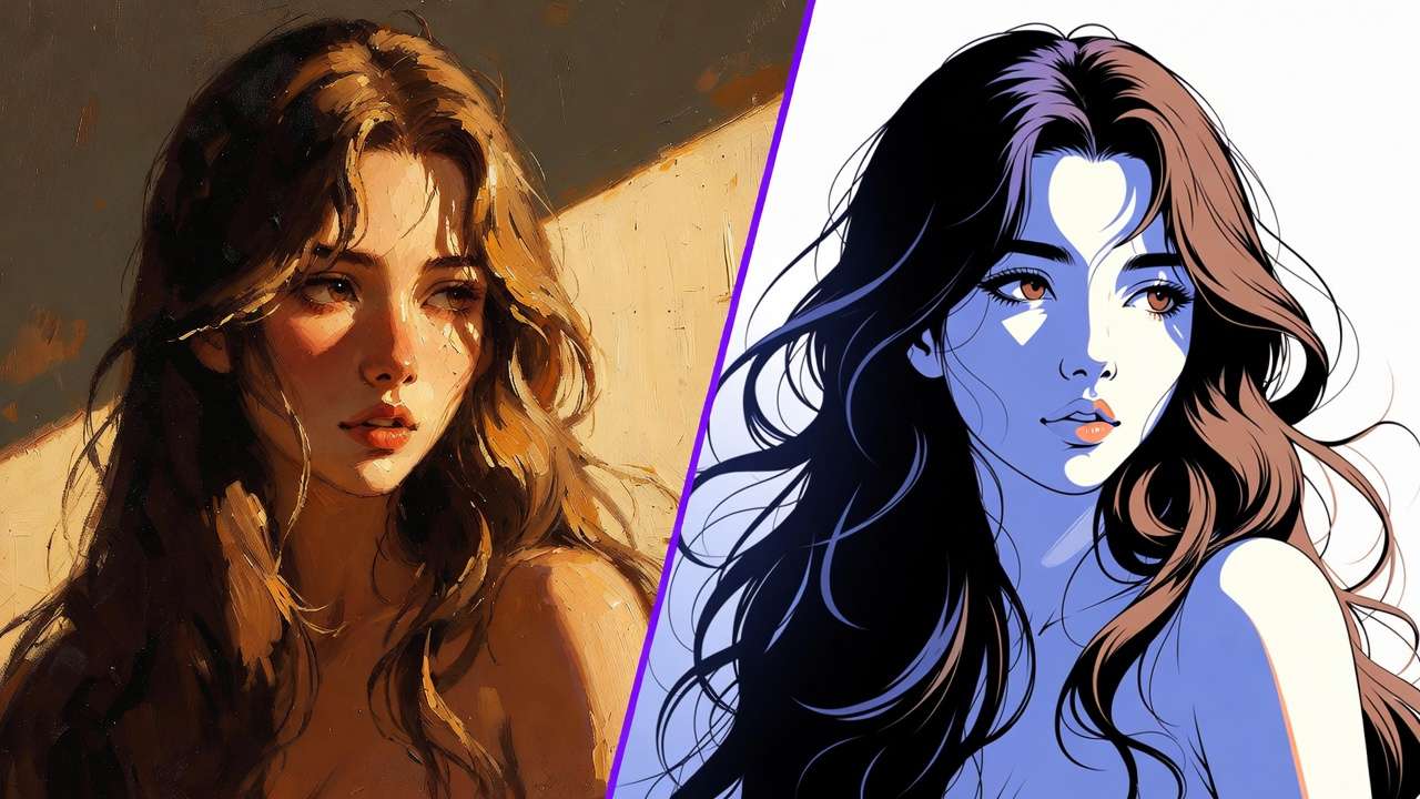 Split: left realistic portrait woman flowing brown hair warm tones, right anime style woman purple hair