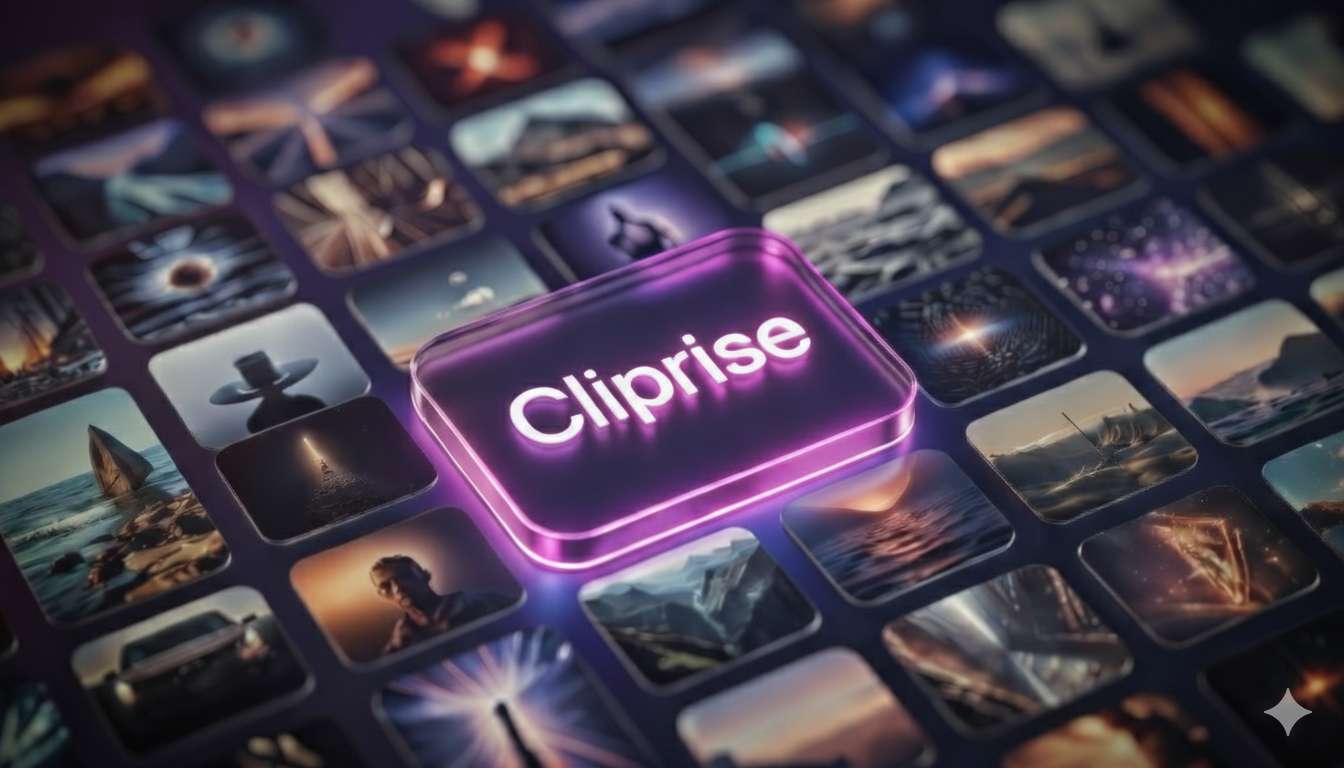 Translucent purple Cliprise key on grid of AI thumbnails, shallow depth of field