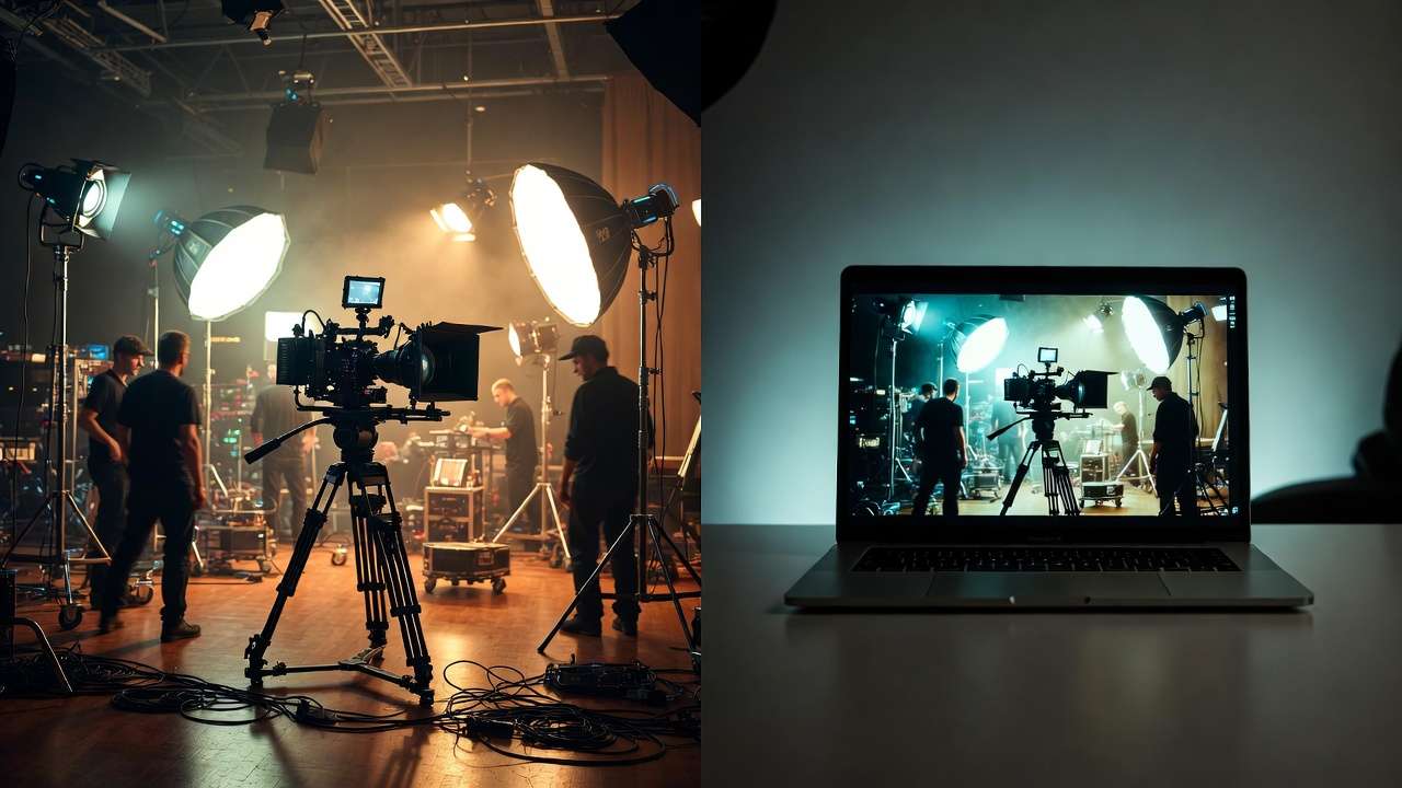 Split: film set with camera and crew left, laptop displaying same scene with cooler tones right