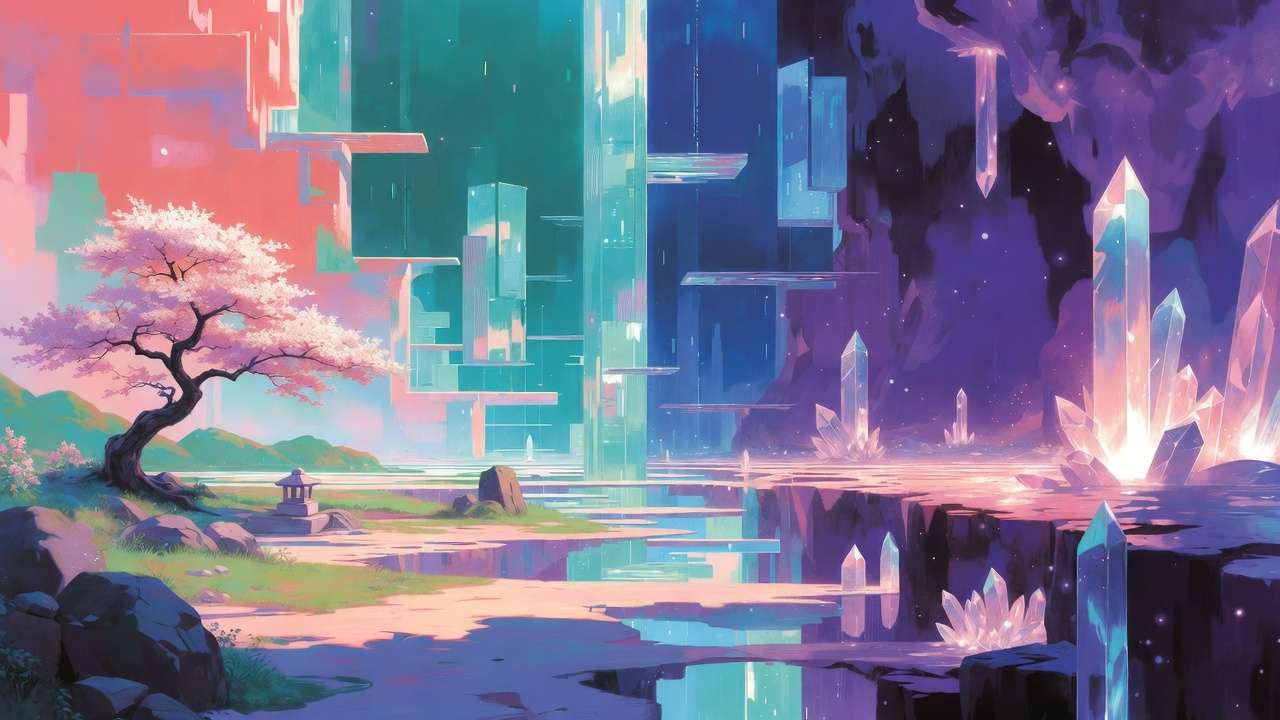 Split: cherry blossom and stone lantern left, glowing crystals and floating structures right, reflective water