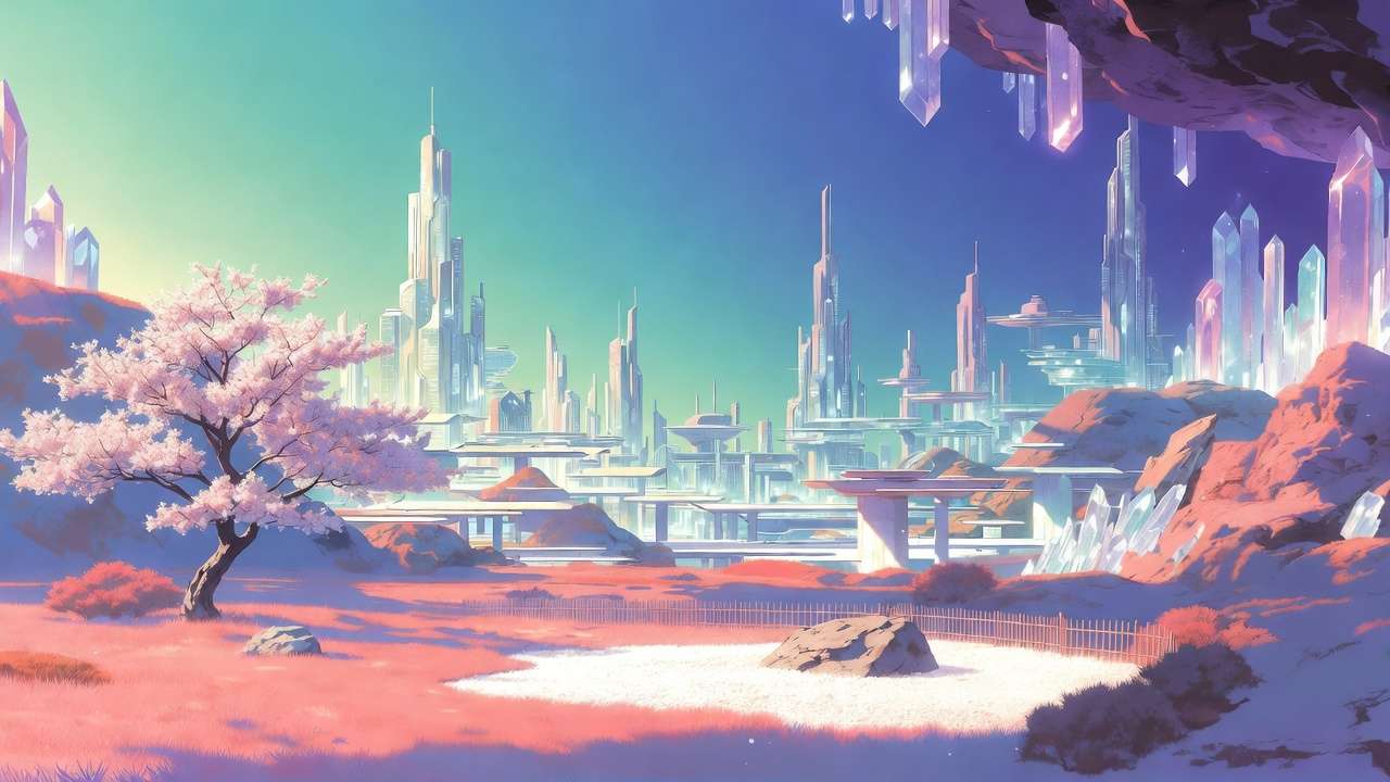 Cherry blossom tree, pink grass, futuristic white skyscrapers, glowing crystals