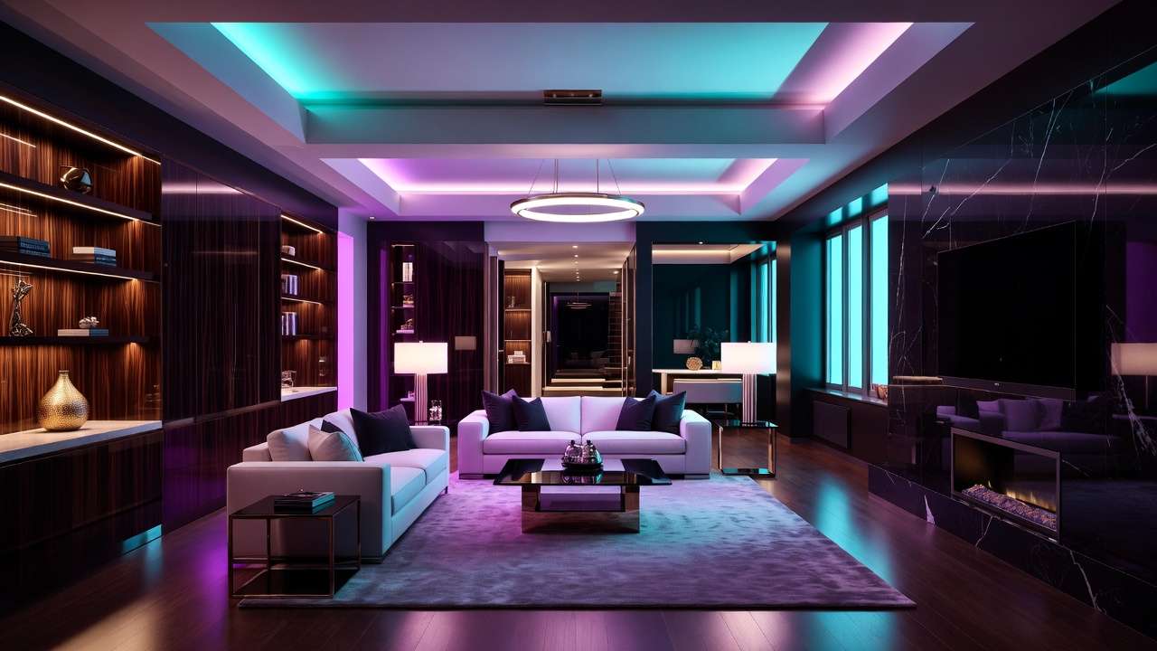Living room with LED lighting, modern interior