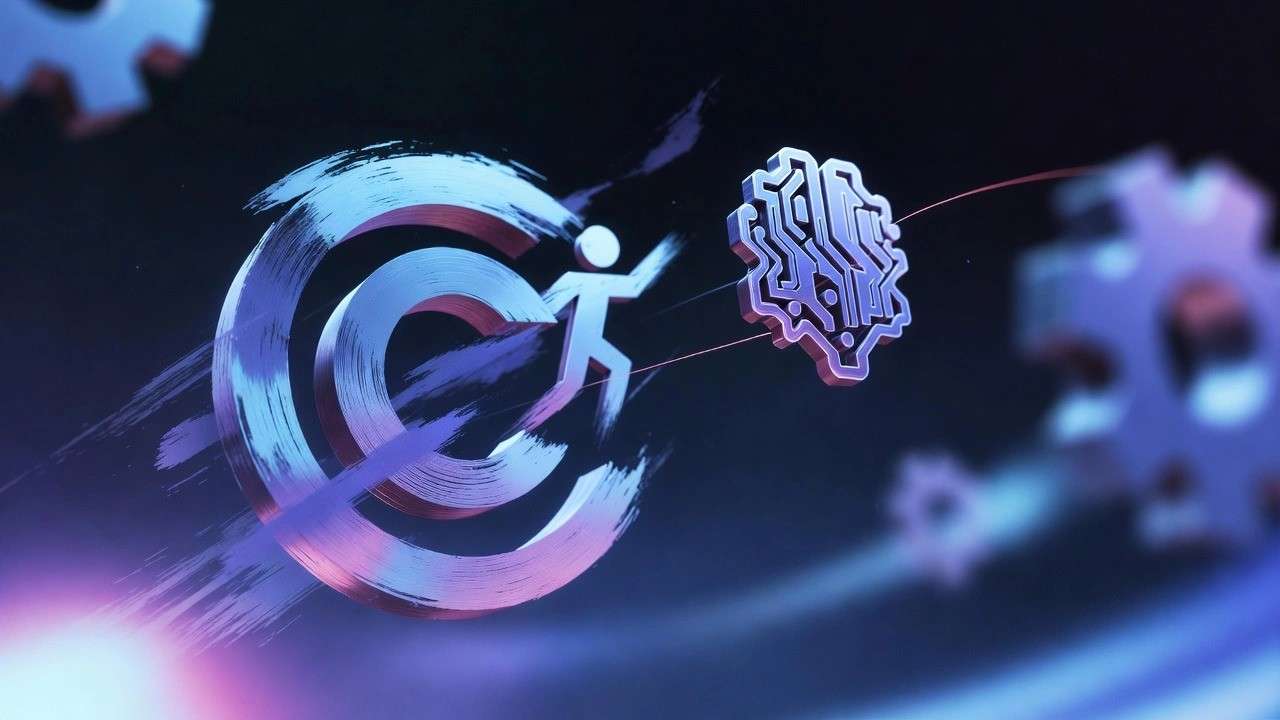 Human emerges from C, hand toward circuit brain