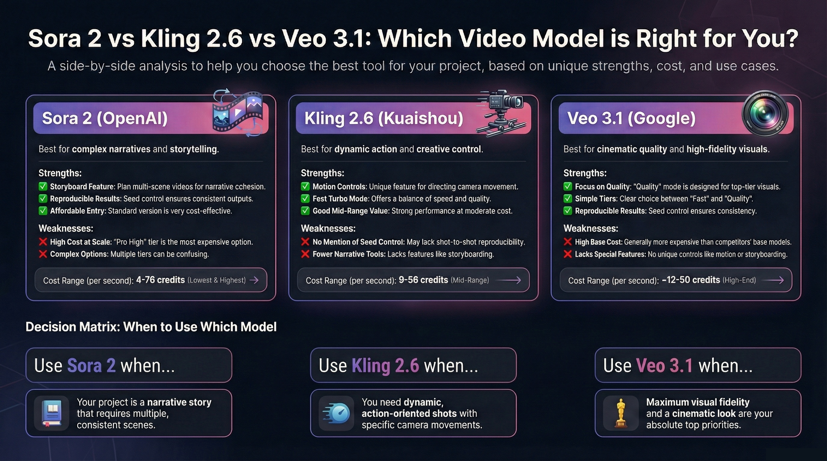Sora 2 vs Kling 2.6 vs Veo 3.1 video model comparison: side-by-side analysis of strengths, weaknesses, cost ranges, and when to use each AI video generation model